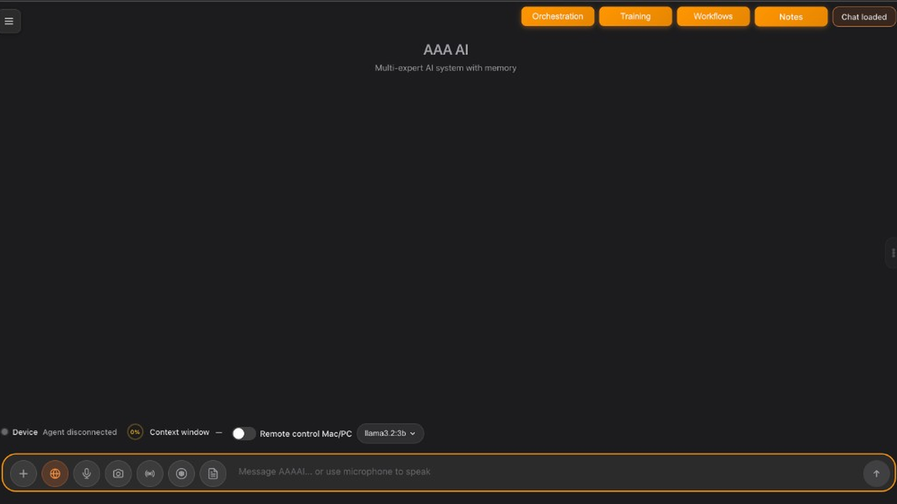 AAA AI web chat — multi-expert input bar with web search, voice, and camera controls