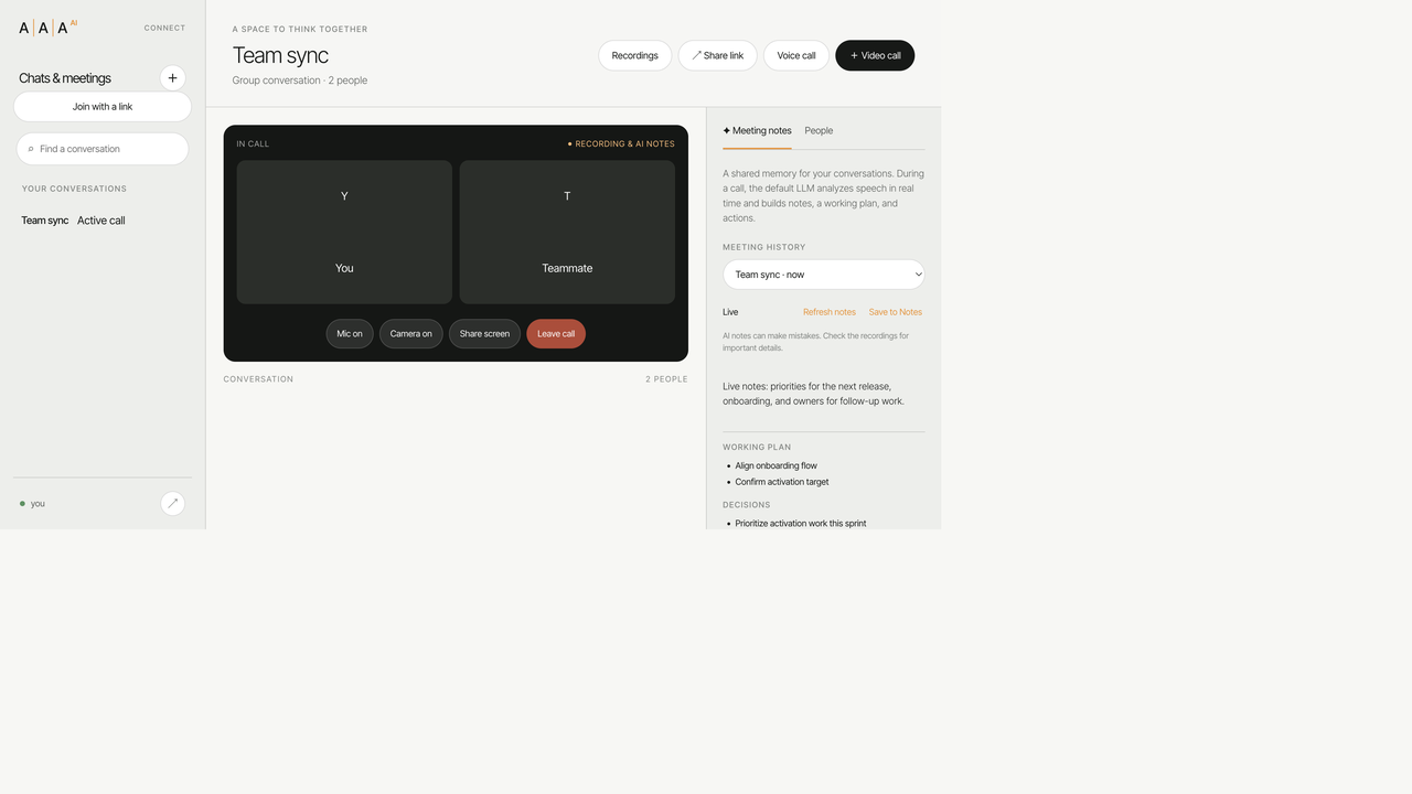 AAA AI Meet in-call view with participant video and Live AI notes sidebar
