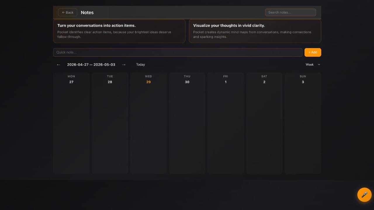 AAA AI Notes calendar week view with quick note and voice capture