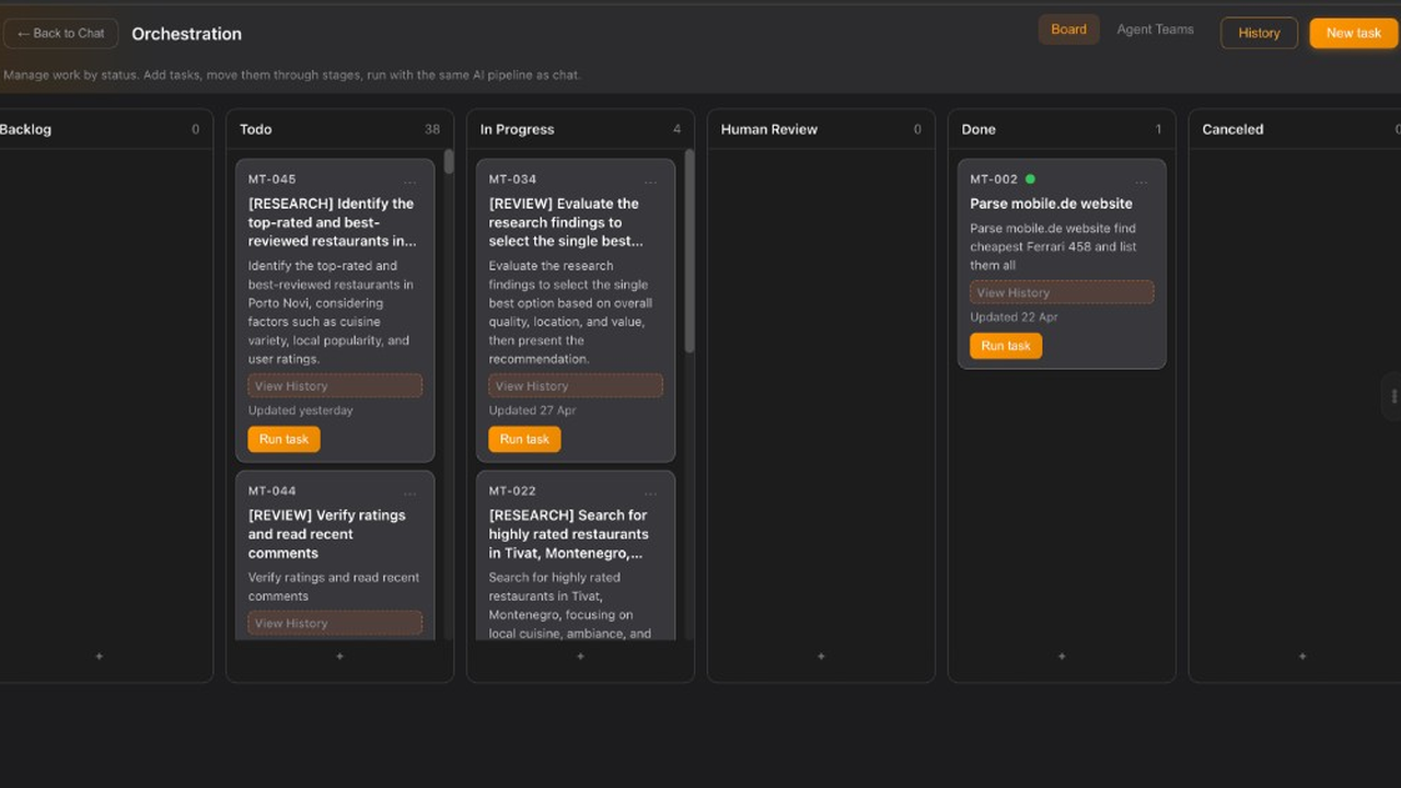 AAA AI Orchestration Kanban board with Todo, In Progress, and Done columns