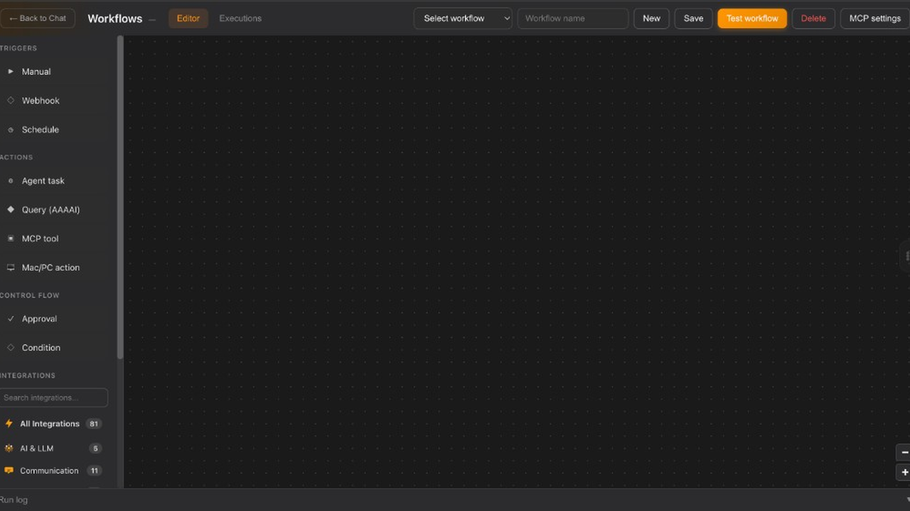 AAA AI Workflows editor with triggers, actions, and integrations palette