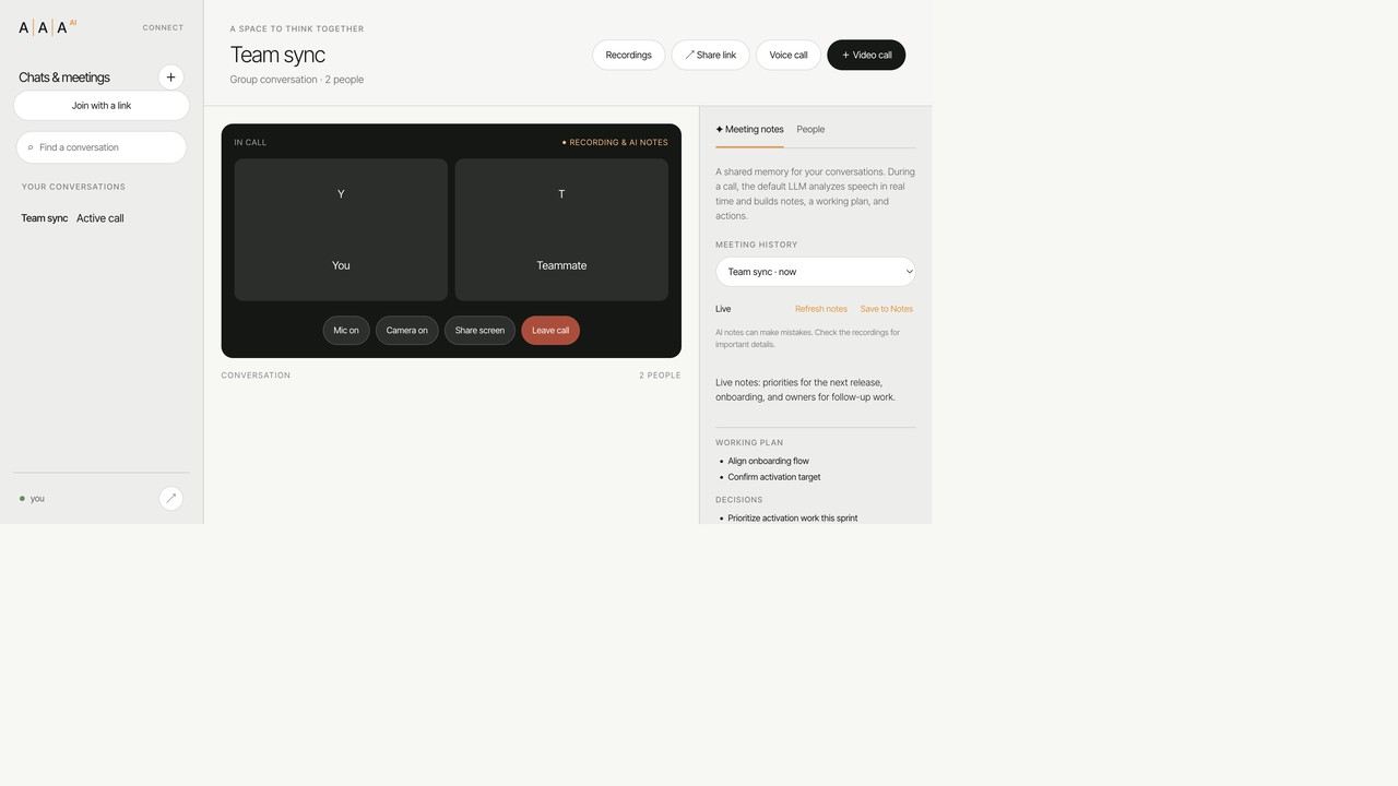 AAA AI Meet in-call view with live AI notes sidebar