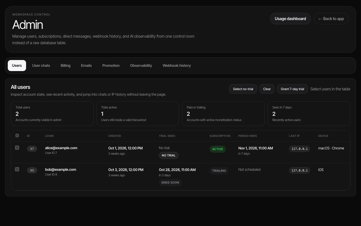 AAA AI admin and control plane in the black app theme