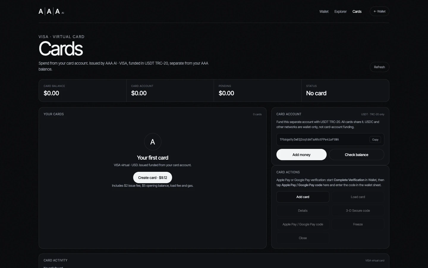 AAA Cards — VISA virtual card flow, USDT TRC-20 card account and KYC