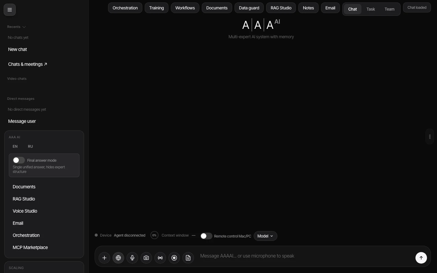 AAA AI conversation workspace in the black app theme