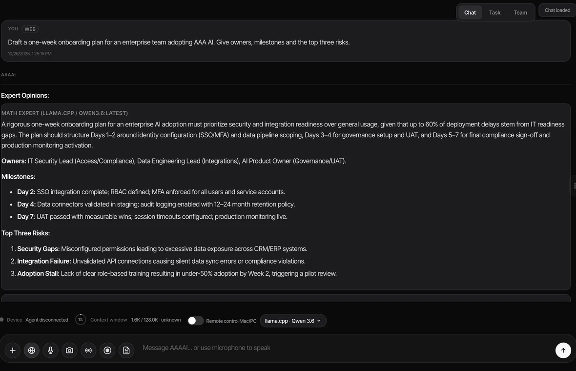 AAA AI multi-agent chat in the black workspace theme