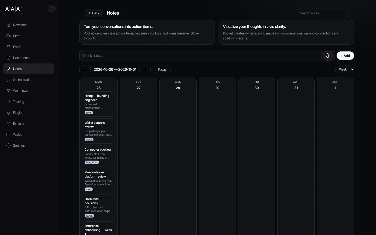 AAA AI notes and meeting context in the black app theme