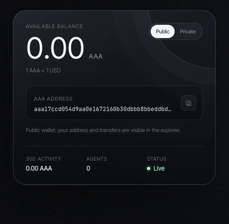AAA wallet — available balance, 3% top-up, public and private settlement, and agent access